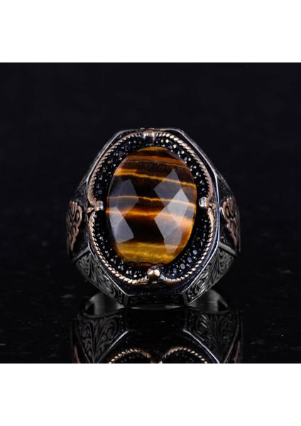 El Yapımı Doğal Kaplan Gözlü Taş Yüzük - 925 Ayar Katı Gümüş Erkek Yüzüğü, Cesur Tasarım fırsatları