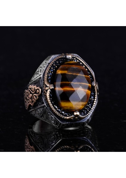 El Yapımı Doğal Kaplan Gözlü Taş Yüzük - 925 Ayar Katı Gümüş Erkek Yüzüğü, Cesur Tasarım indirimleri