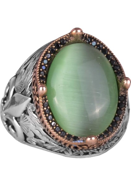 925 Ayar Gümüş Yüzükler Premium Üretilmiş Taşlarla (Açık Yeşil Kedi Gözü Yapay Taş)
