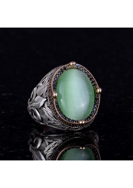 925 Ayar Gümüş Yüzükler Premium Üretilmiş Taşlarla (Açık Yeşil Kedi Gözü Yapay Taş) modelleri