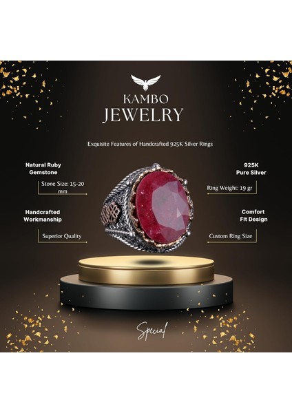 Erkekler Için Doğal Yakut Taşlı Yüzük, 925 Ayar Gümüş Yüzük indirimleri