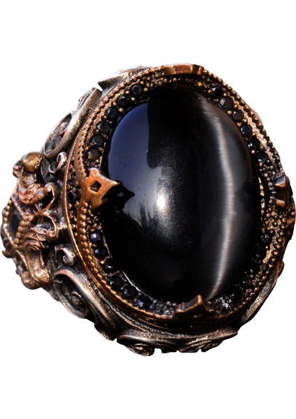 El Yapımı Sentetik Taş Yüzük - 925 Ayar Gümüş Erkek Takısı (Siyah Kedi Gözü)