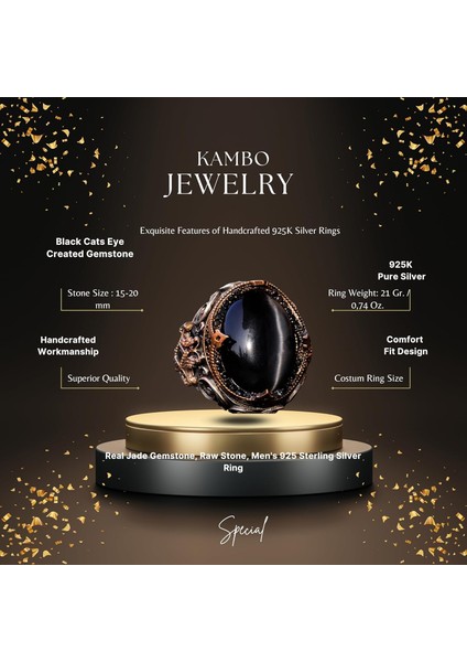 El Yapımı Sentetik Taş Yüzük - 925 Ayar Gümüş Erkek Takısı (Siyah Kedi Gözü) fiyatları