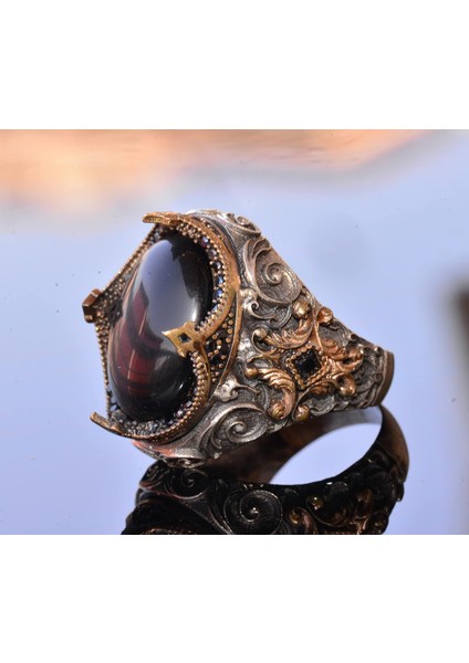 El Yapımı Sentetik Taş Yüzük - 925 Ayar Gümüş Erkek Takısı (Siyah Kedi Gözü) modelleri