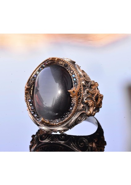El Yapımı Sentetik Taş Yüzük - 925 Ayar Gümüş Erkek Takısı (Siyah Kedi Gözü) fırsatları