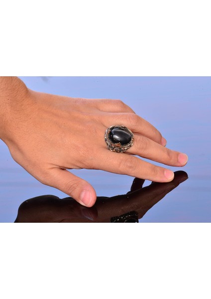 El Yapımı Sentetik Taş Yüzük - 925 Ayar Gümüş Erkek Takısı (Siyah Kedi Gözü) indirimleri