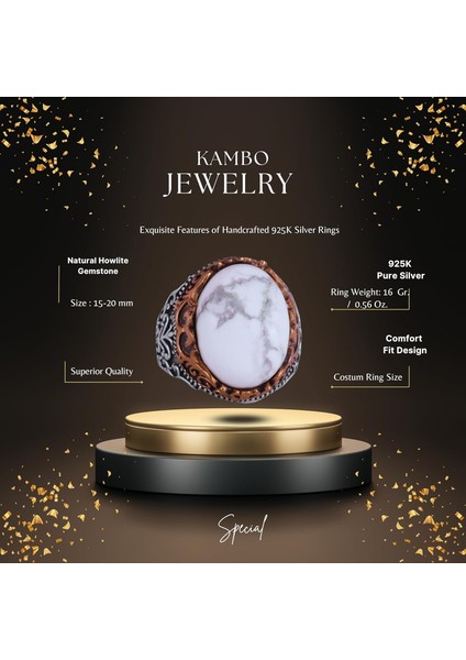 Doğal Taş El Yapımı Yüzük - 925 Ayar Gümüş El Yapımı Yüzük - Şık Farklı Yüzük (Howlite) fiyatları