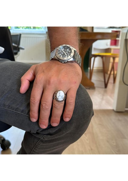 Doğal Taş El Yapımı Yüzük - 925 Ayar Gümüş El Yapımı Yüzük - Şık Farklı Yüzük (Howlite) modelleri