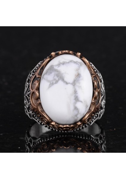 Doğal Taş El Yapımı Yüzük - 925 Ayar Gümüş El Yapımı Yüzük - Şık Farklı Yüzük (Howlite) fırsatları