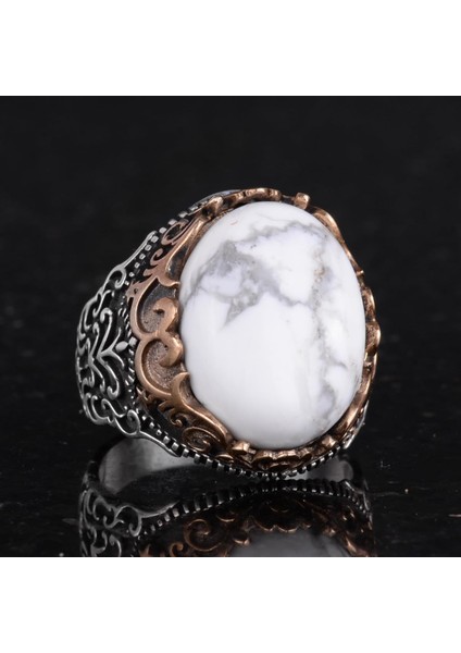 Doğal Taş El Yapımı Yüzük - 925 Ayar Gümüş El Yapımı Yüzük - Şık Farklı Yüzük (Howlite) indirimleri