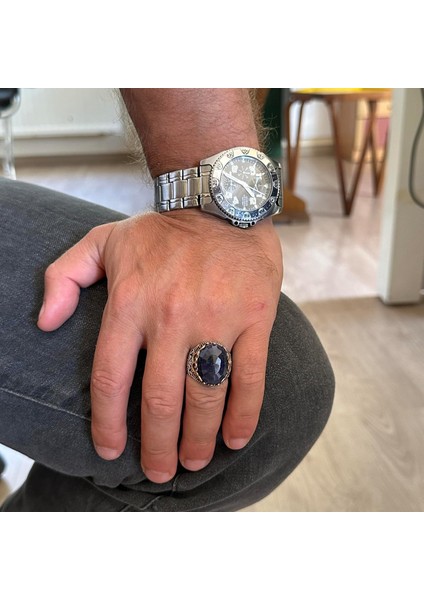 Doğal Taş El Yapımı Yüzük - 925 Ayar Gümüş El Yapımı Yüzük - Şık Farklı Yüzük (Mavi Safir) modelleri