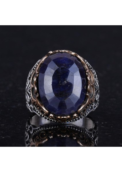 Doğal Taş El Yapımı Yüzük - 925 Ayar Gümüş El Yapımı Yüzük - Şık Farklı Yüzük (Mavi Safir) fırsatları