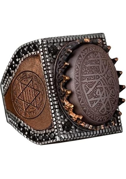 925 Ayar Gümüş Erkek Yüzük, Hematit Taşı, Vintage Islami Tasarım, Oyma Arapça Hat Yazısı