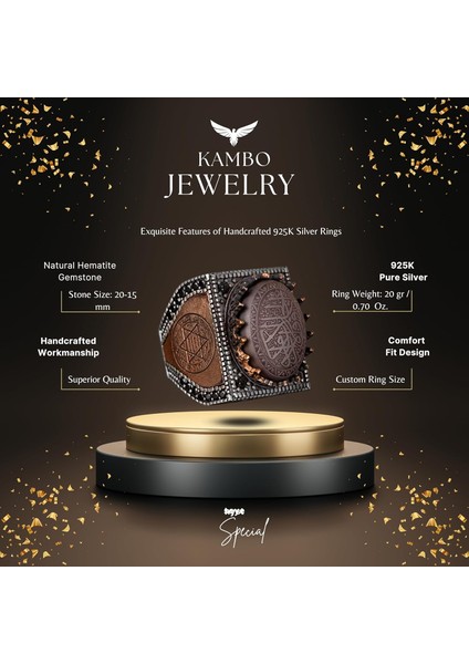 925 Ayar Gümüş Erkek Yüzük, Hematit Taşı, Vintage Islami Tasarım, Oyma Arapça Hat Yazısı fiyatları