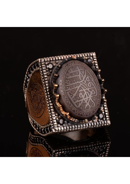 925 Ayar Gümüş Erkek Yüzük, Hematit Taşı, Vintage Islami Tasarım, Oyma Arapça Hat Yazısı modelleri