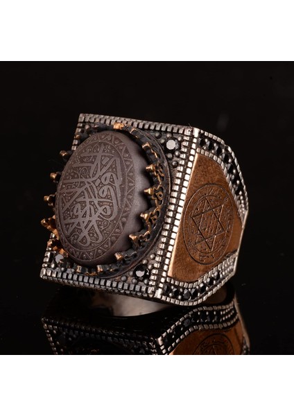 925 Ayar Gümüş Erkek Yüzük, Hematit Taşı, Vintage Islami Tasarım, Oyma Arapça Hat Yazısı fırsatları