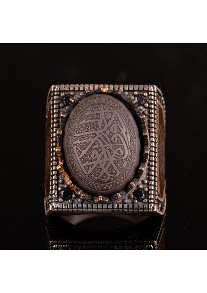 925 Ayar Gümüş Erkek Yüzük, Hematit Taşı, Vintage Islami Tasarım, Oyma Arapça Hat Yazısı indirimleri