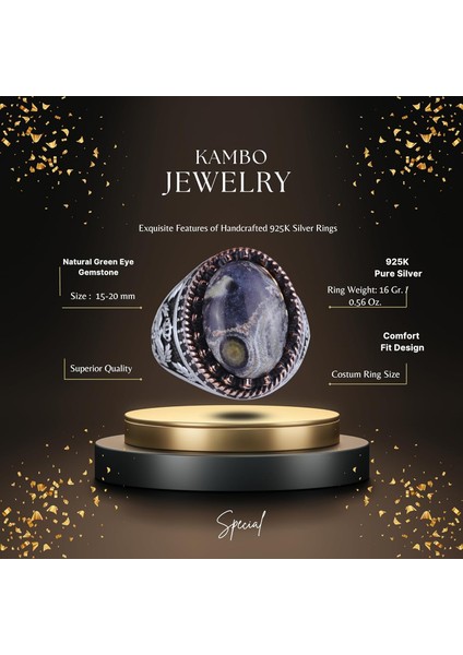 Doğal Taş Yüzük - El Yapımı Kartal Yüzüğü - 925 Ayar Gümüş Yüzük (Yeşil Göz) fiyatları