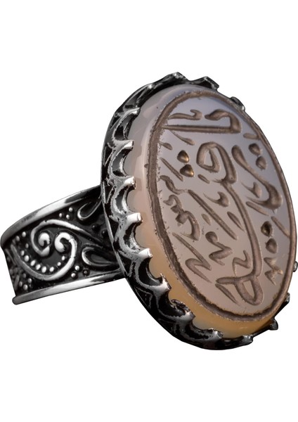 Erkekler Için 925 Ayar Gümüş Islami Yüzük - Doğal Akik Taşı ile Elle Oyulmuş Hat Sanatı