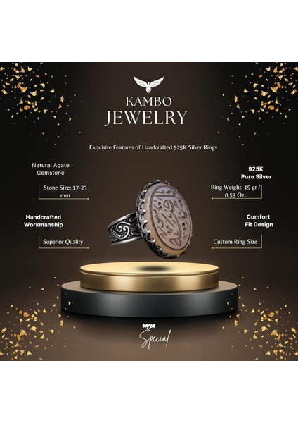 Erkekler Için 925 Ayar Gümüş Islami Yüzük - Doğal Akik Taşı ile Elle Oyulmuş Hat Sanatı fiyatları