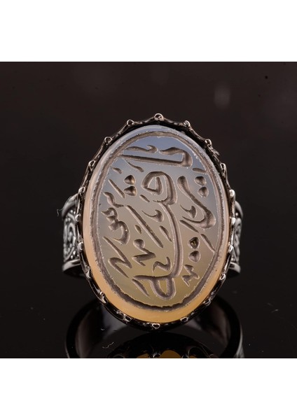 Erkekler Için 925 Ayar Gümüş Islami Yüzük - Doğal Akik Taşı ile Elle Oyulmuş Hat Sanatı modelleri
