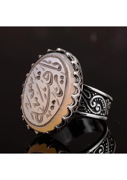Erkekler Için 925 Ayar Gümüş Islami Yüzük - Doğal Akik Taşı ile Elle Oyulmuş Hat Sanatı indirimleri