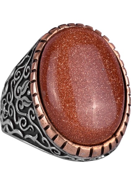 Yapay Taş Yüzük, 925 Ayar Gümüş Erkek Yüzüğü, Büyük Yüzük (Kahverengi Güneş Taşı Yapay Taş)