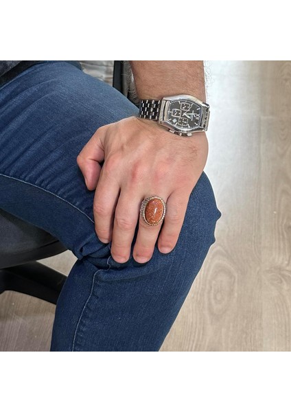 Yapay Taş Yüzük, 925 Ayar Gümüş Erkek Yüzüğü, Büyük Yüzük (Kahverengi Güneş Taşı Yapay Taş) fiyatları