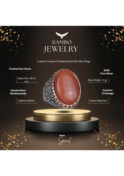 Yapay Taş Yüzük, 925 Ayar Gümüş Erkek Yüzüğü, Büyük Yüzük (Kahverengi Güneş Taşı Yapay Taş) modelleri