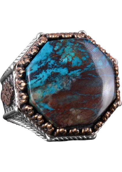 Doğal Taş Yüzük - Sekizgen Tasarım - El Yapımı 925 Ayar Gümüş Takı (Azurit)