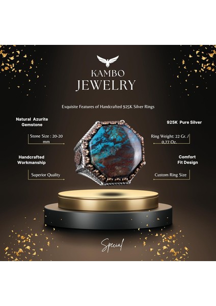 Doğal Taş Yüzük - Sekizgen Tasarım - El Yapımı 925 Ayar Gümüş Takı (Azurit) fiyatları