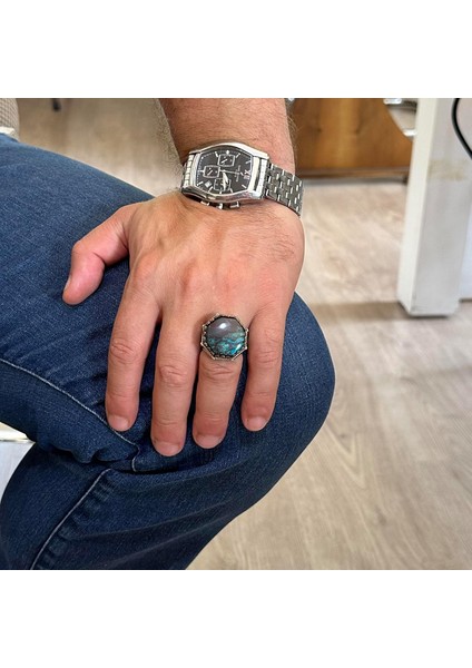 Doğal Taş Yüzük - Sekizgen Tasarım - El Yapımı 925 Ayar Gümüş Takı (Azurit) modelleri