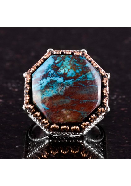 Doğal Taş Yüzük - Sekizgen Tasarım - El Yapımı 925 Ayar Gümüş Takı (Azurit) fırsatları