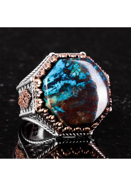 Doğal Taş Yüzük - Sekizgen Tasarım - El Yapımı 925 Ayar Gümüş Takı (Azurit) indirimleri