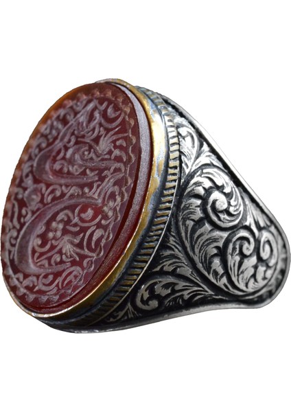 Işlenmiş 925 Ayar Gümüş Erkek Yüzük, El Yapımı Kırmızı Akik Yüzük, Ince Oymalı Zanaat Takı