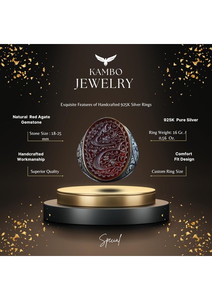 Işlenmiş 925 Ayar Gümüş Erkek Yüzük, El Yapımı Kırmızı Akik Yüzük, Ince Oymalı Zanaat Takı fiyatları