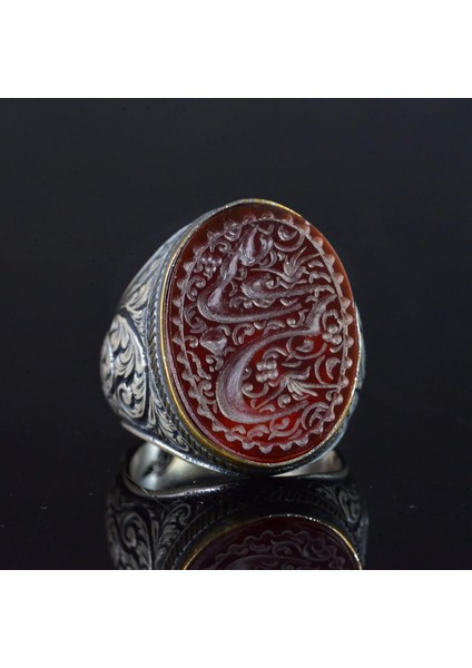 Işlenmiş 925 Ayar Gümüş Erkek Yüzük, El Yapımı Kırmızı Akik Yüzük, Ince Oymalı Zanaat Takı modelleri