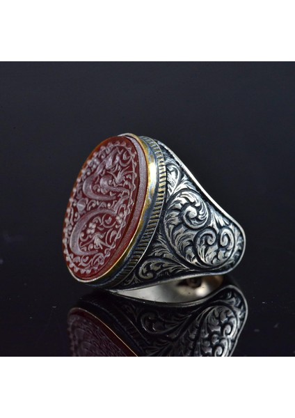 Işlenmiş 925 Ayar Gümüş Erkek Yüzük, El Yapımı Kırmızı Akik Yüzük, Ince Oymalı Zanaat Takı indirimleri