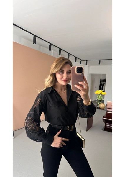 Bebe Plus Kadın Dantel Kol Sırt Detaylı Şık Pamuk Gömlek