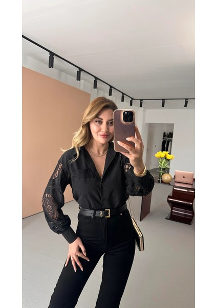 Bebe Plus Kadın Dantel Kol Sırt Detaylı Şık Pamuk Gömlek fırsatları