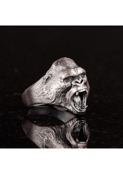 925 Ayar Gümüş Yüzük - 925 Ayar Gümüş Kızgın Goril Baş Yüzüğü - El Yapımı Hayvan Damga Yüzüğü Erkekler Için fırsatları