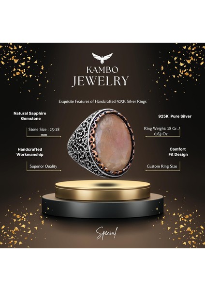 El Yapımı Doğal Safir Taşlı Yüzük, Erkekler Için Büyük Yüzük, Gümüş - Bilgelik ve Asaletin Sembolü fiyatları