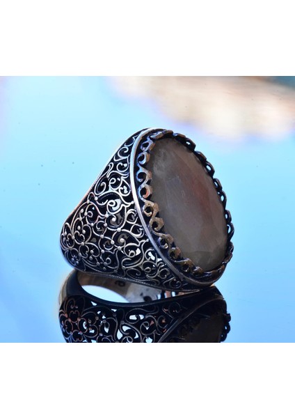 El Yapımı Doğal Safir Taşlı Yüzük, Erkekler Için Büyük Yüzük, Gümüş - Bilgelik ve Asaletin Sembolü fırsatları