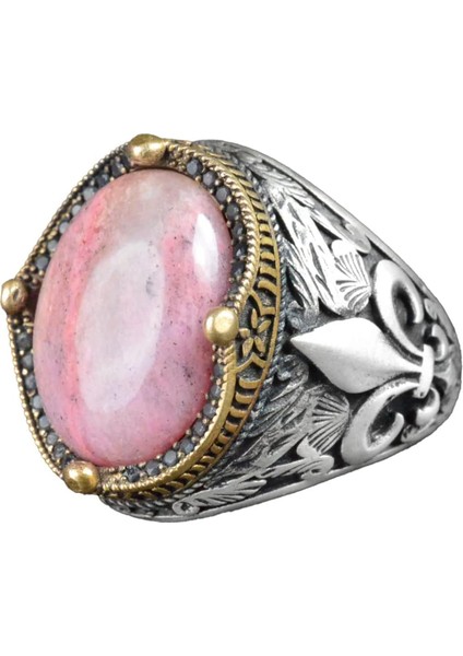 Zambak Desenli Gümüş Yüzük - 925 Ayar Gümüş El Yapımı Erkek Takısı (Rhodonit)