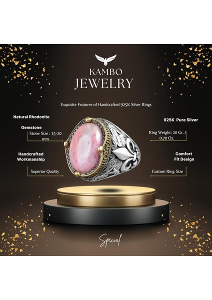 Zambak Desenli Gümüş Yüzük - 925 Ayar Gümüş El Yapımı Erkek Takısı (Rhodonit) fiyatları