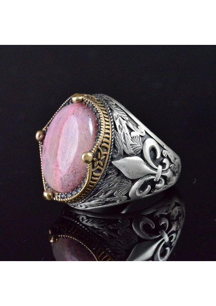 Zambak Desenli Gümüş Yüzük - 925 Ayar Gümüş El Yapımı Erkek Takısı (Rhodonit) fırsatları