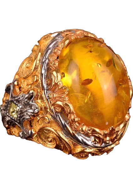 Erkekler Için 925 Ayar Gümüş Yüzük, Doğal Olmayan Bal Amber Taşı ile