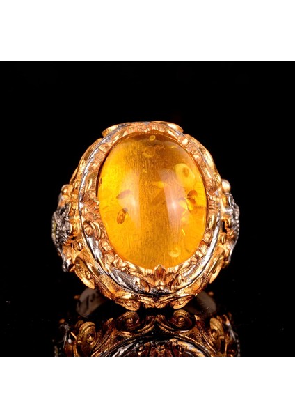 Erkekler Için 925 Ayar Gümüş Yüzük, Doğal Olmayan Bal Amber Taşı ile fiyatları