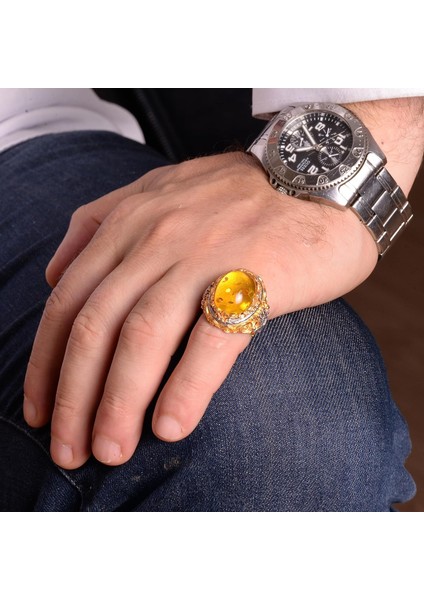 Erkekler Için 925 Ayar Gümüş Yüzük, Doğal Olmayan Bal Amber Taşı ile modelleri