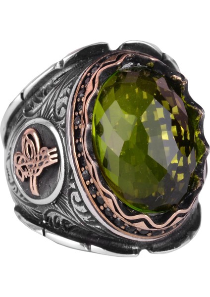 Gümüş Osmanlı Tuğra Yüzük, Doğal Olmayan Peridot Taşlı Yüzük, 925 Ayar Gümüş Erkek Yüzük